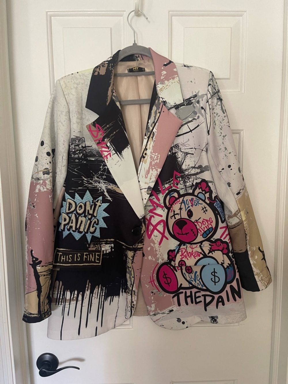 Women’s Graffiti Print Blazer Jacket - Pink, Black & Cream